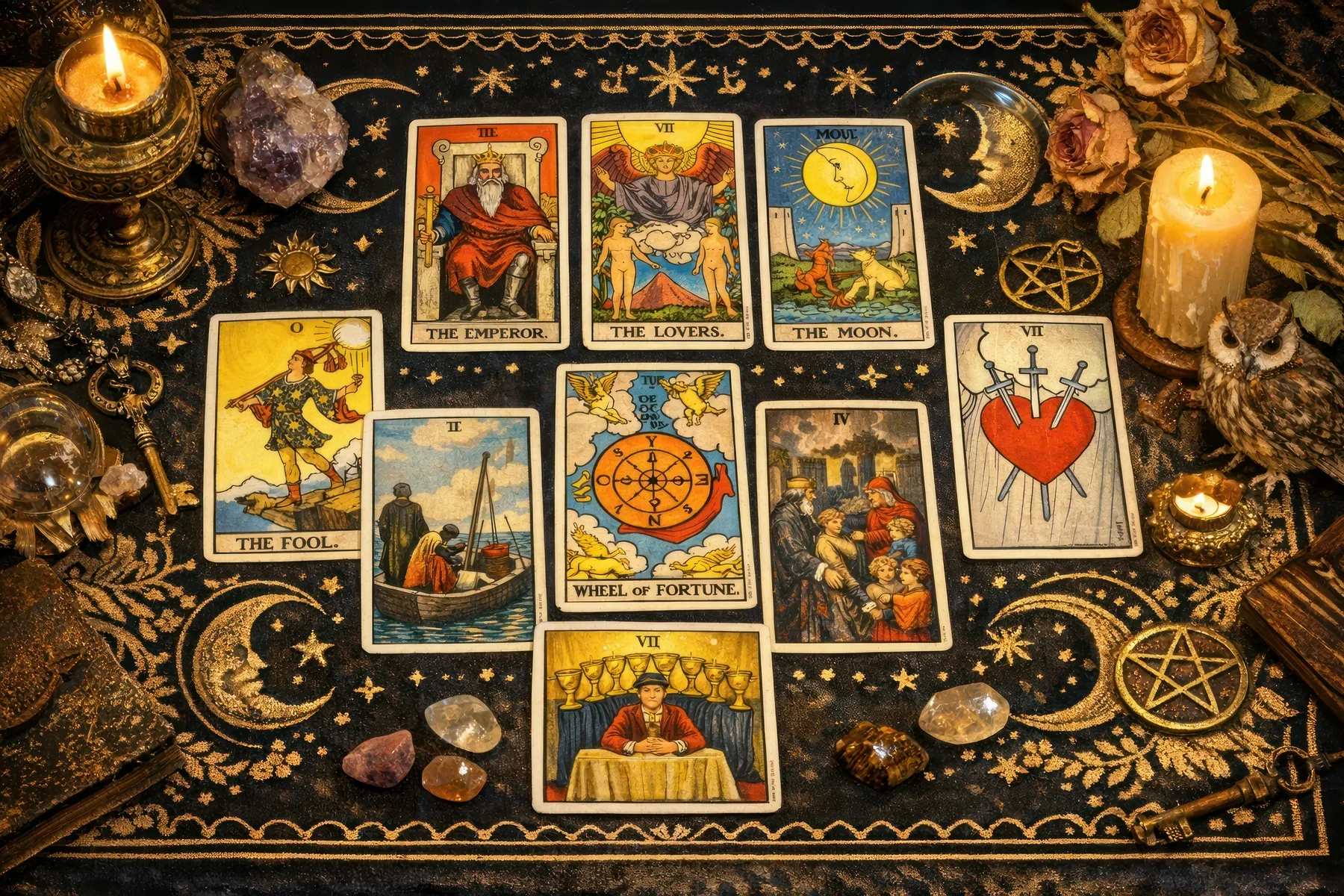 Consulta de tarot con cartas sobre una mesa